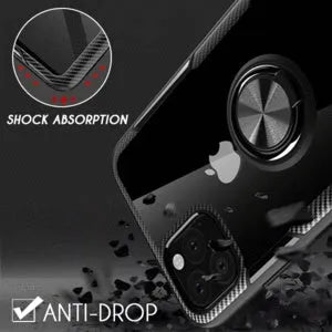 Black PU leather iPhone case with a built-in kickstand and car vent clip extended.