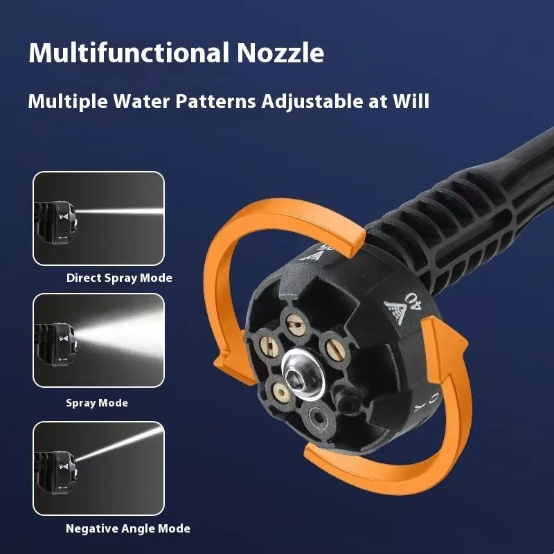 Green wireless high-pressure water gun with metal head and multiple nozzle attachments on a table