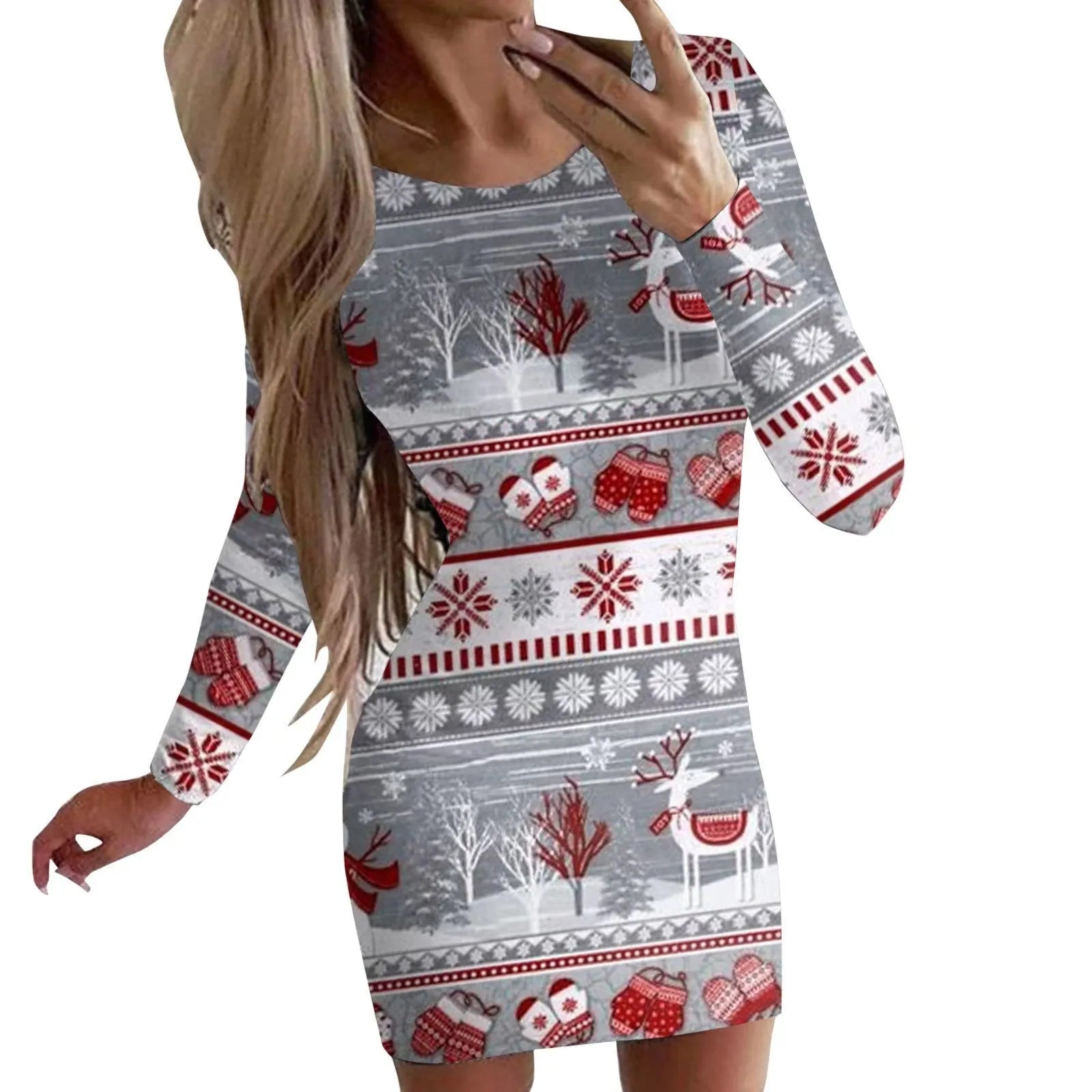 Women's tight Christmas dress with animal patterns and floral print in polyester fabric