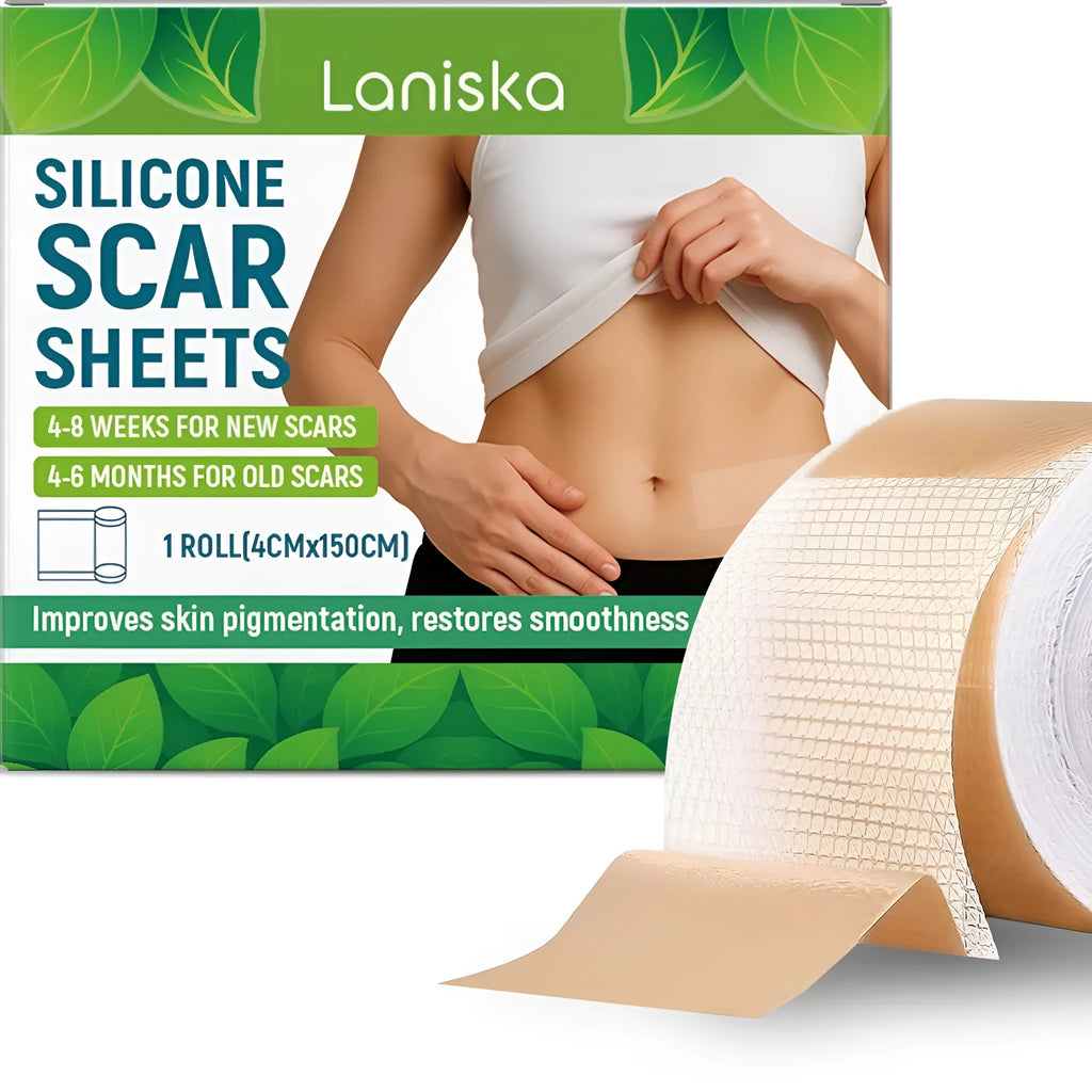 Roll of clear silicone scar sheets with tea tree oil and aloe extract, showing 4cm width and scale.
