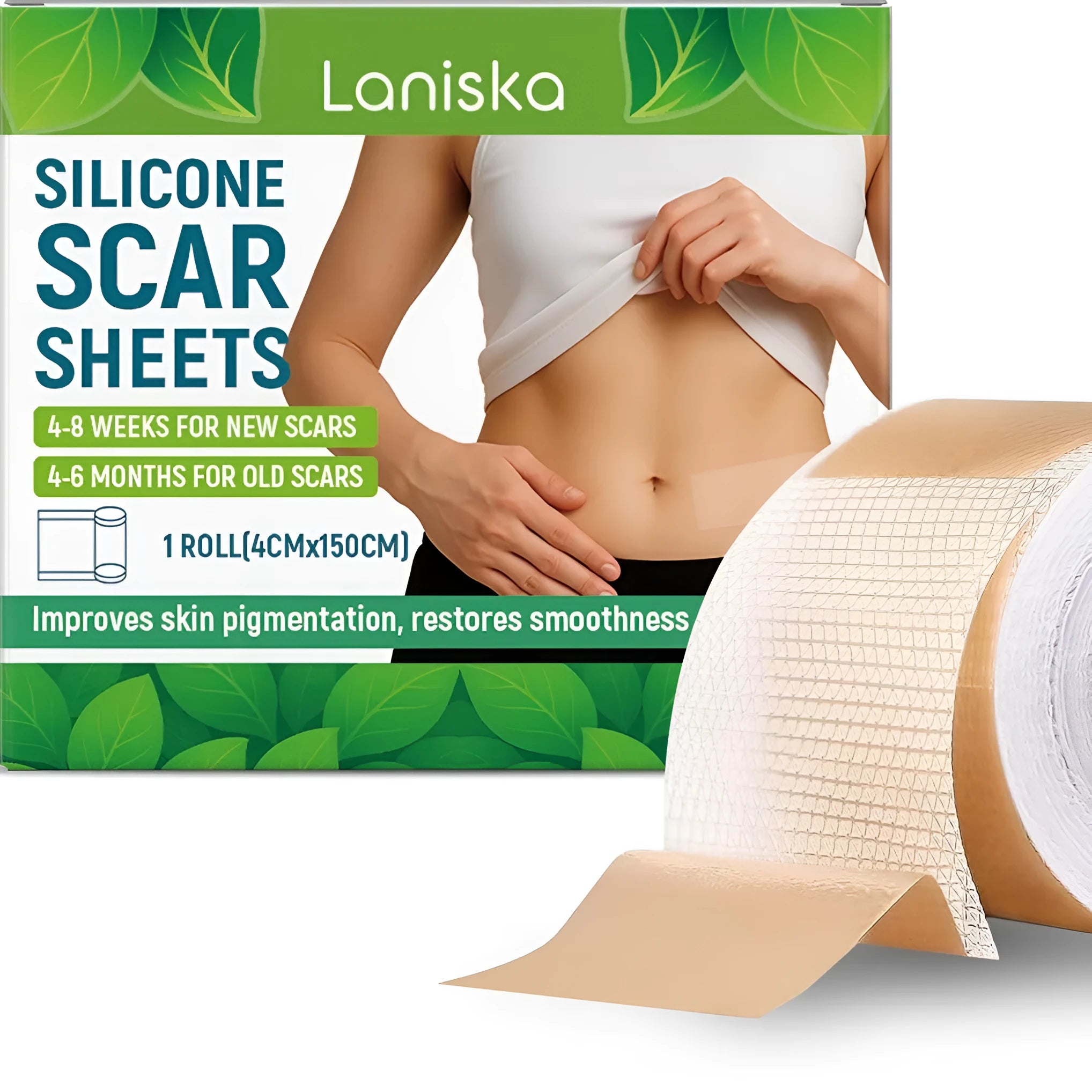 Roll of clear silicone scar sheets with tea tree oil and aloe extract, showing 4cm width and scale.