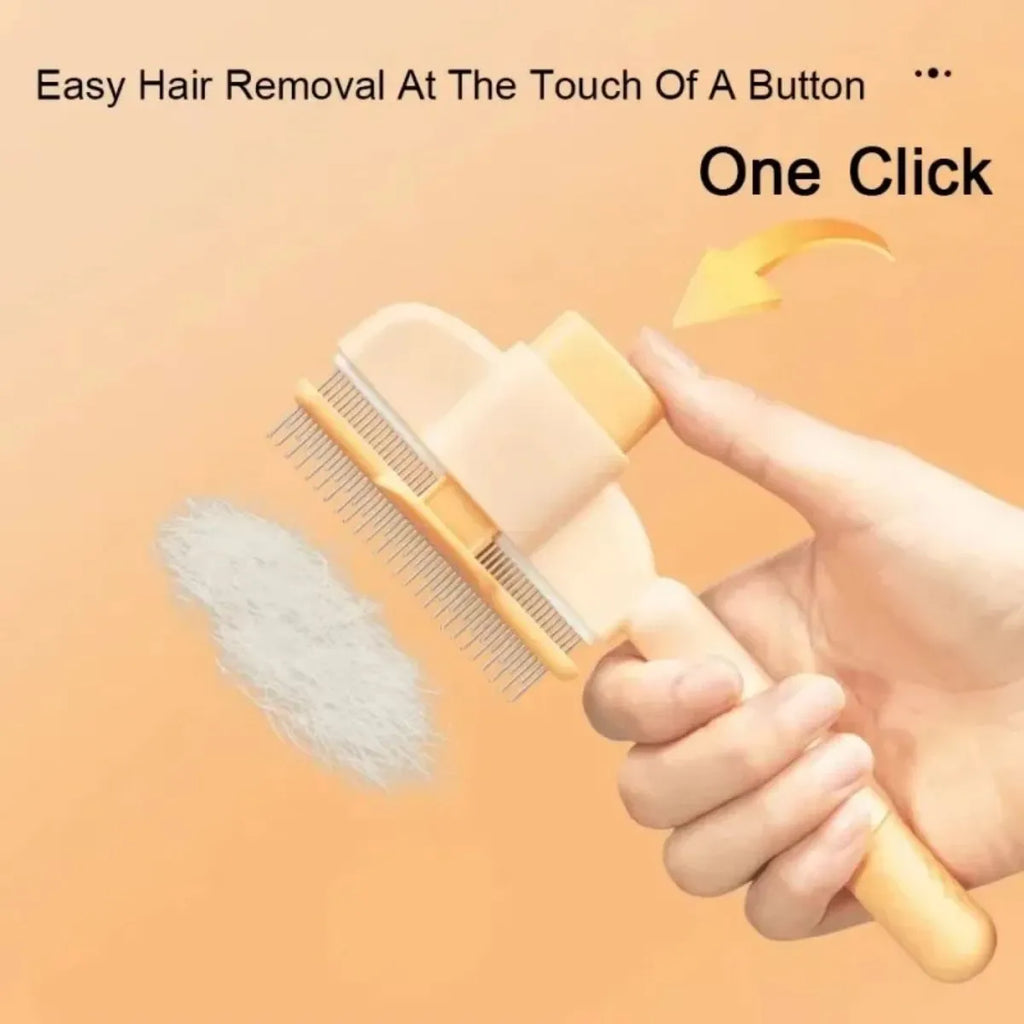 Green and yellow dog grooming brush with one-click hair removal and pressure adjustment features