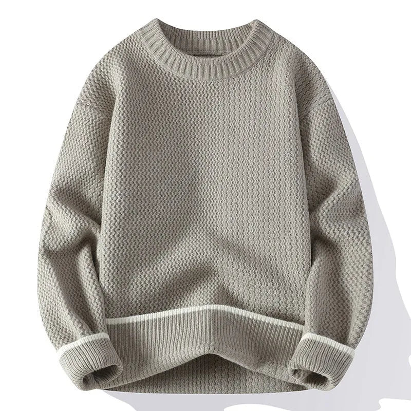 Men's grey loose fit round neck pullover sweater with long sleeves for autumn wear