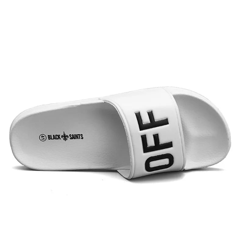 Men's large size open-toe slippers with a rubber sole, shown in black and white colour options.