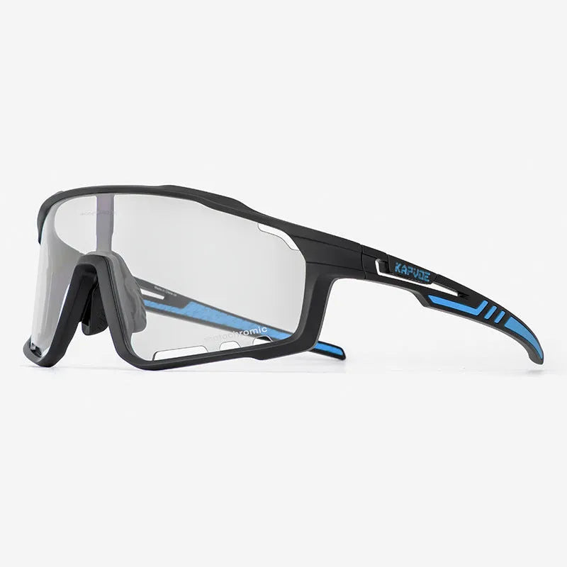 Photochromic cycling sunglasses with a semi-rimless TR90 frame shown in one of fourteen available colours.