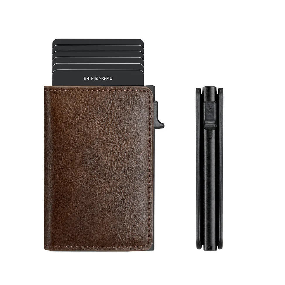 Pop-up aluminium alloy RFID blocking card wallet in retro PU leather, black colour option