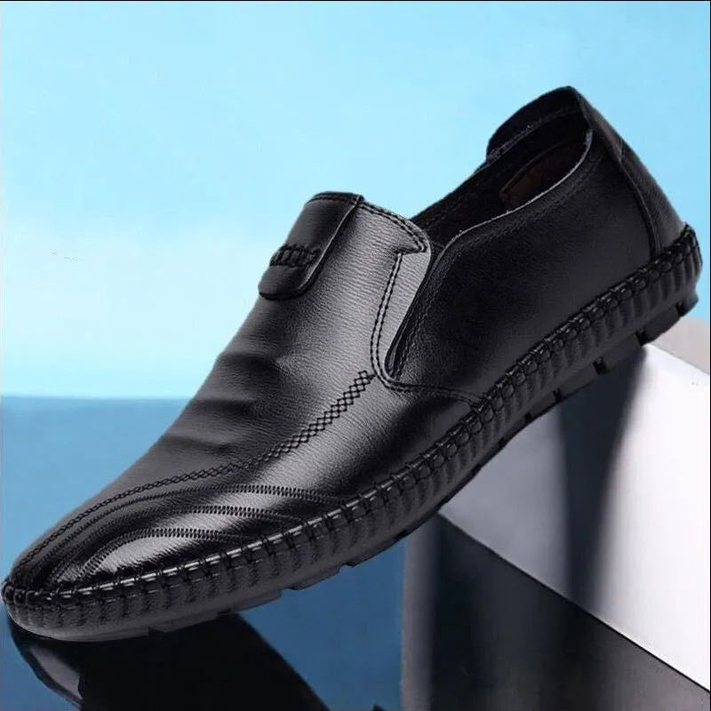 Men's plain toe leather shoes in black and brown with flat heel business casual style