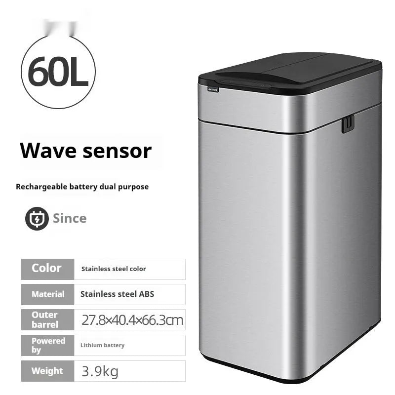 Stainless steel inductive smart trash can with square design and deodorant properties