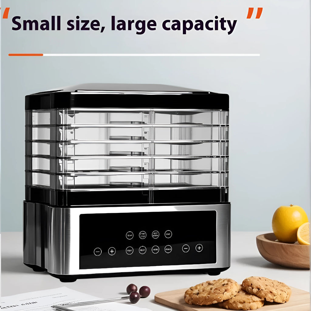 Silver stainless steel fruit dehydrator with digital display and multiple drying trays