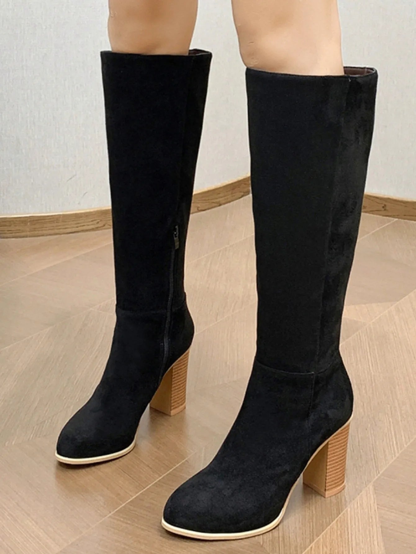 Women's square toe high heel fashion boots in black artificial PU material