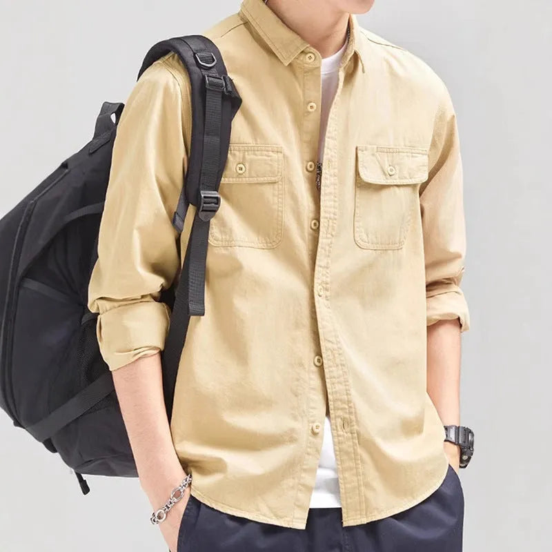 Men's loose long sleeve cardigan shirt in light grey, black, khaki, or green.
