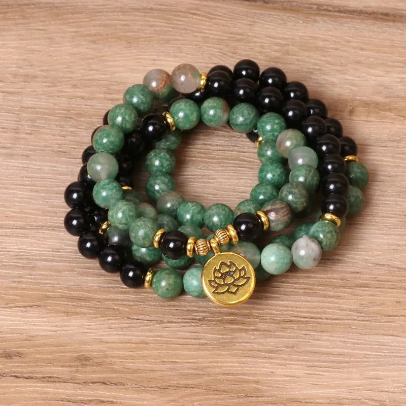 Green and black elastic beaded alloy bracelet with natural styling for wrist accessory