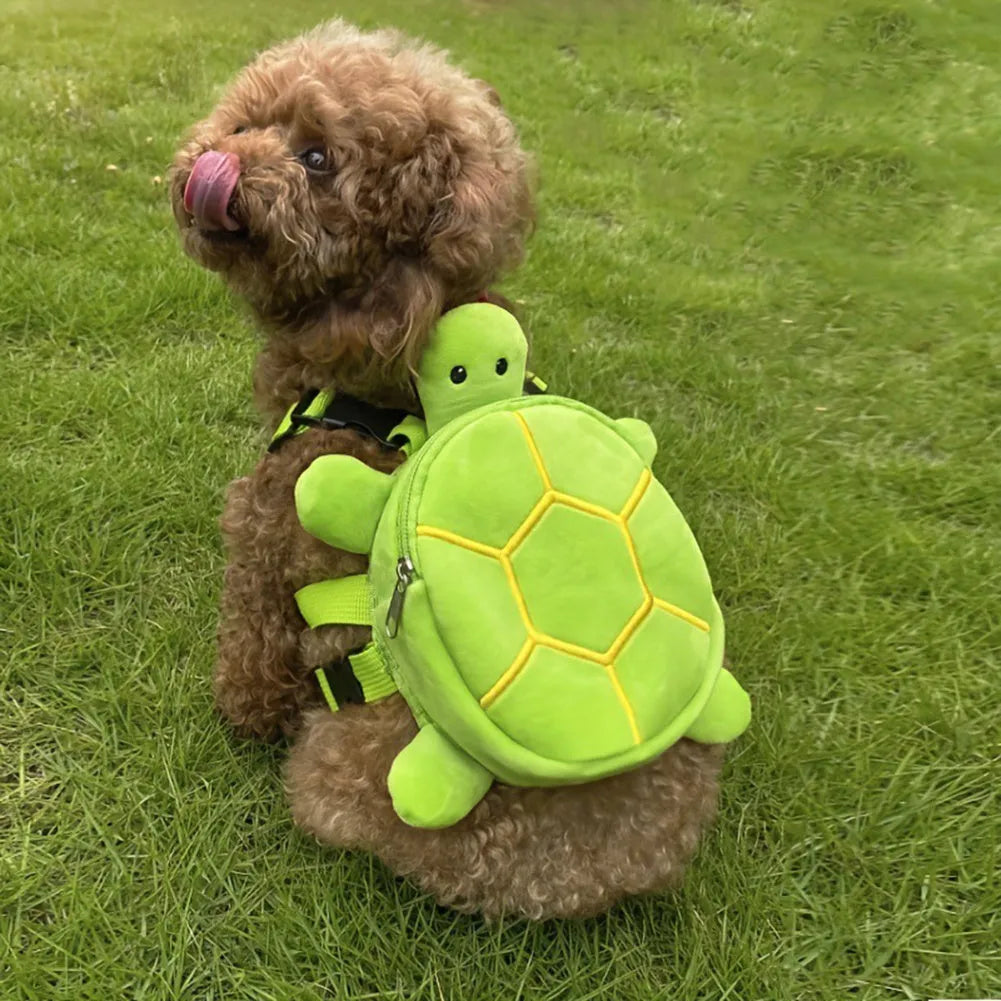 Brown turtle shaped velvet dog backpack harness with metal zipper and 20cm capacity