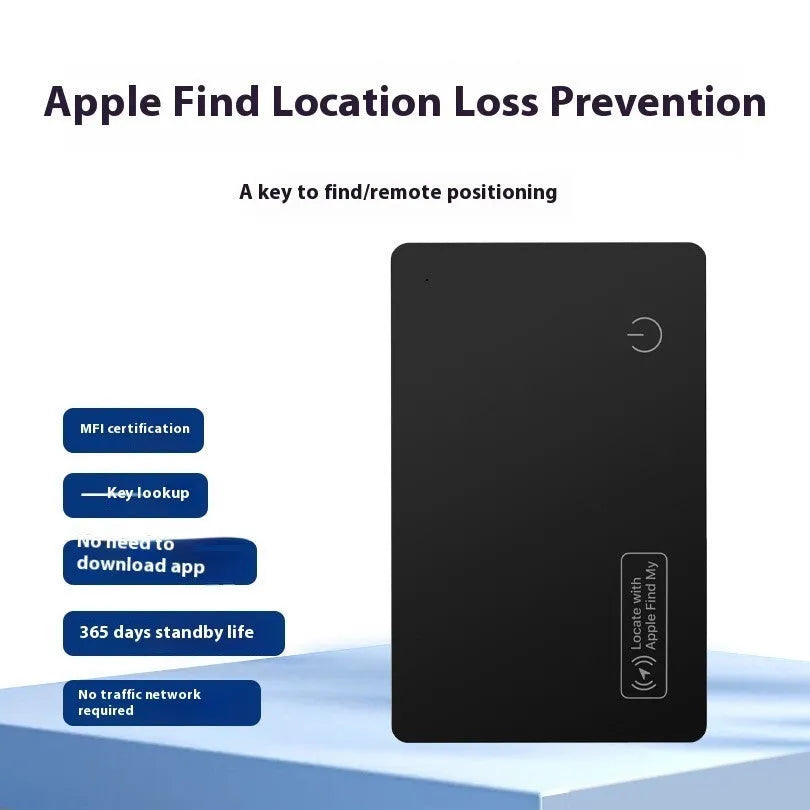 Black ultra-thin anti-loss tracking card for Apple devices with wireless charging, shown next to a credit card for size comparison.