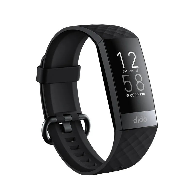Black smart bracelet on wrist showing blood pressure and heart rate data on its 1.1-inch screen.