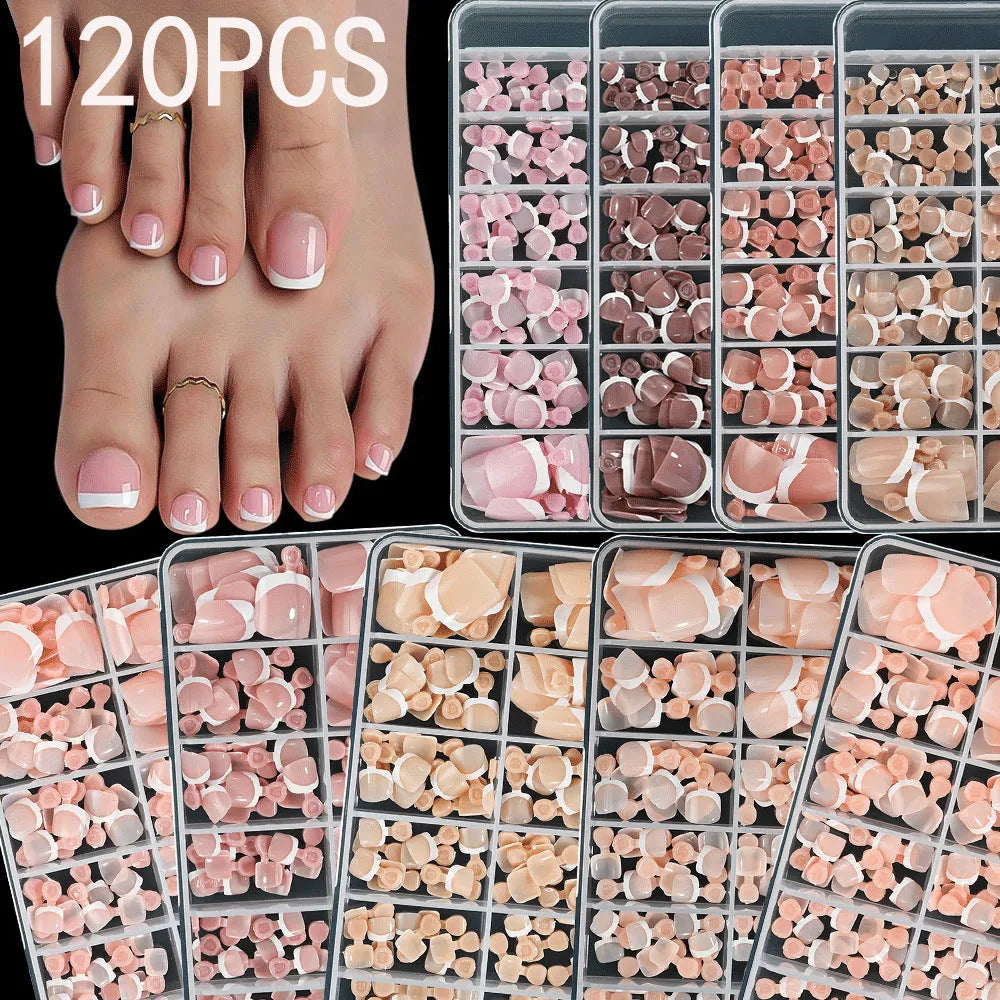Box of 120 French white edge square short artificial nail pieces in multiple nude shades