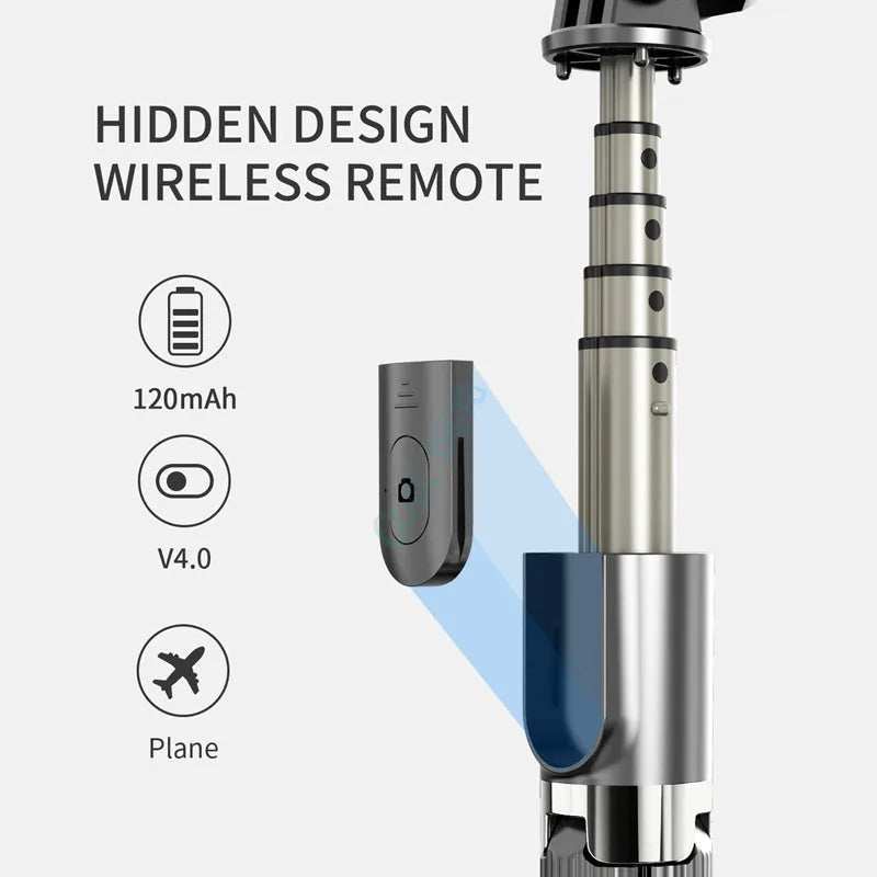Black aluminium tripod selfie stick extended with Apple iPhone mounted on adjustable legs