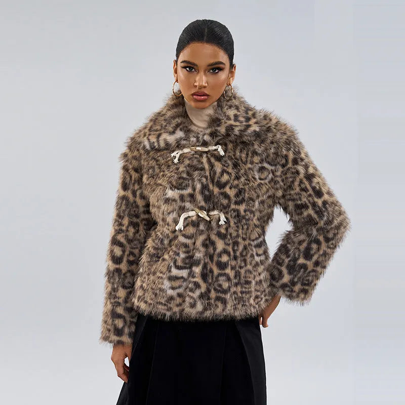 Women's leopard print polyester coat with regular sleeves in street fashion style