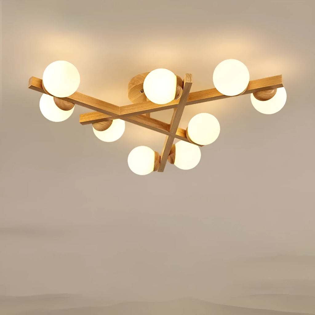 Wooden style modern ceiling lamp with three light heads for living room