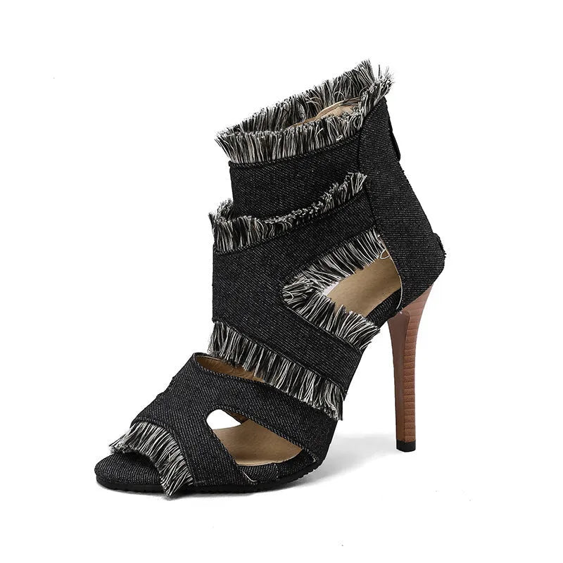 Women's denim high heel sandals in leopard print, plaid, and dark blue colour options showing extended size range