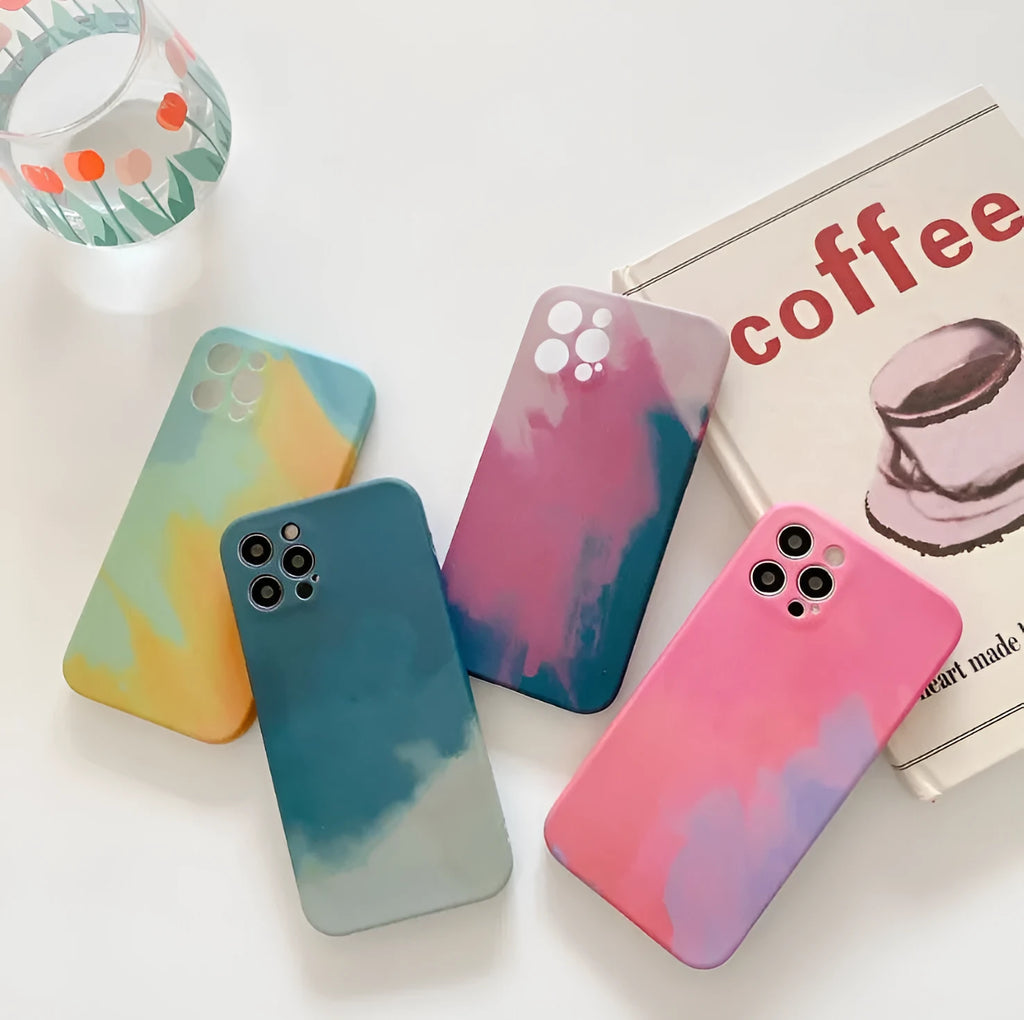 Soft silicone iPhone case with abstract oil painting gradient geometry design in blue, green, pink, purple colours