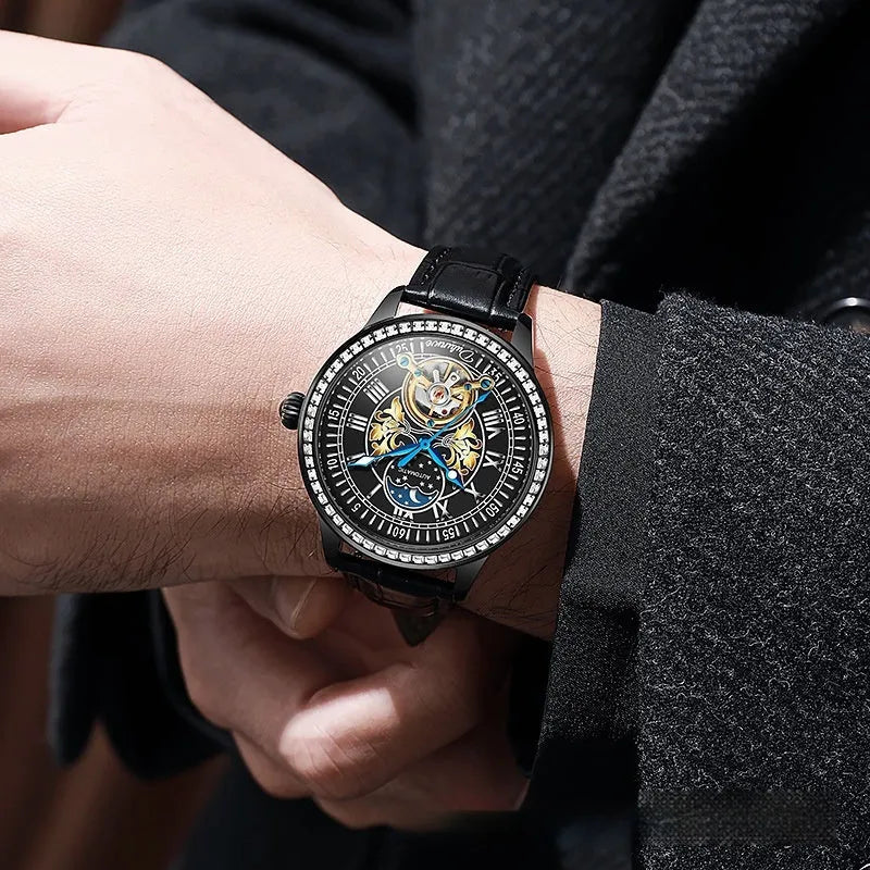 Men's waterproof mechanical watch with stainless steel strap and round dial showing visible movement through transparent case back