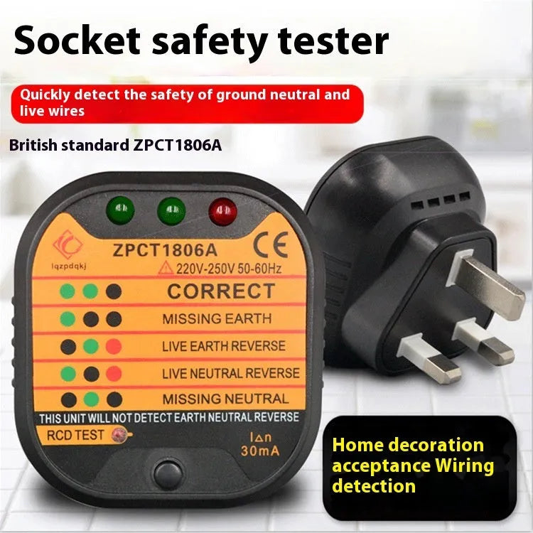 Black socket tester for electrical polarity and earth leakage detection measuring 65mm