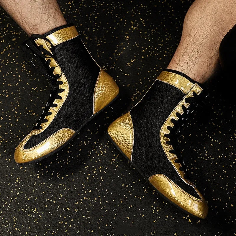 Professional boxing wrestling shoes in black gold mesh and white leather for indoor training
