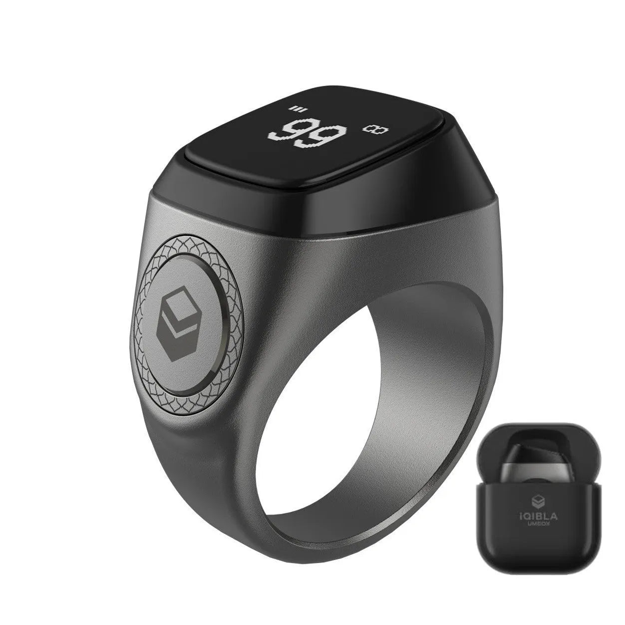 Zikr1 Lite smart ring in silver on a charging case, showing its OLED display and single button.