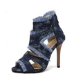 Women's denim high heel sandals in leopard print, plaid, and dark blue colour options showing extended size range