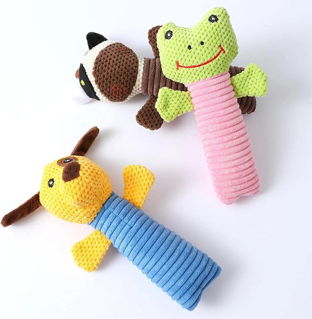Squeaky stuffed animal dog chew toy for dental cleaning and play.