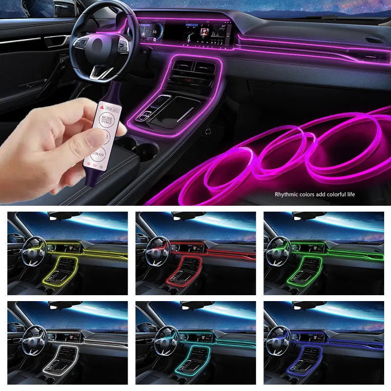 Car interior RGB LED light strip with wireless controller showing multiple colour options