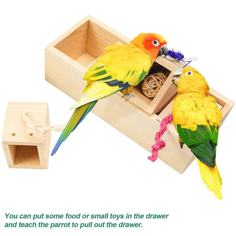 Wooden puzzle training toy for birds with multiple pieces for foraging enrichment