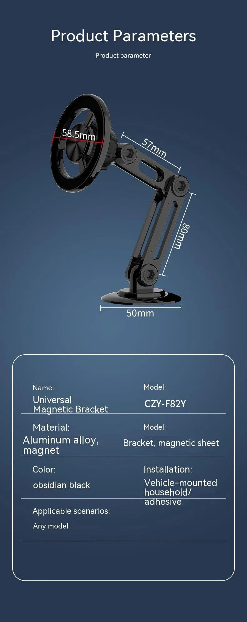 All-metal magnetic car phone holder in black, mounted on a dashboard with a smartphone attached.