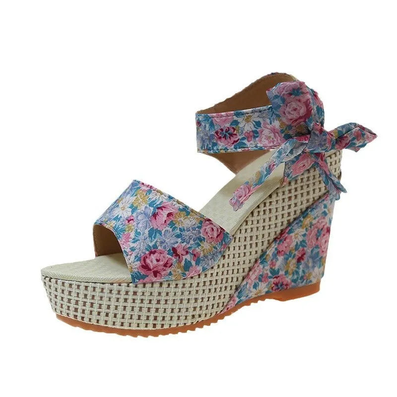 Women's floral print wedge sandals with ankle strap buckle and peep toe