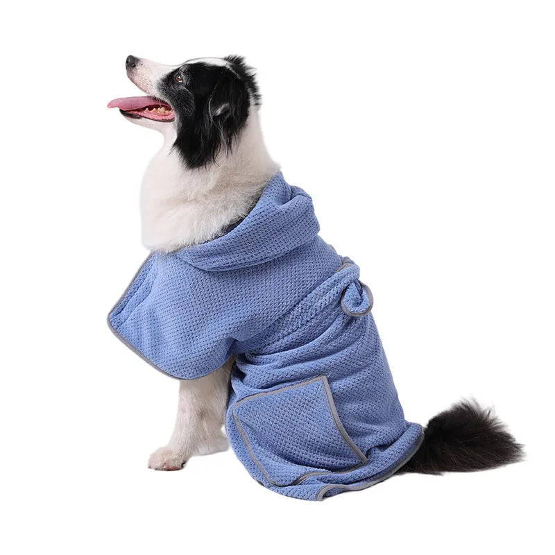 Blue adjustable dog bath robe towel wrapped around a dog, showing sizing chart for XS, S, M, L, and XL.