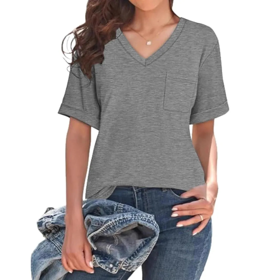 Grey loose-fit V-neck T-shirt with a chest pocket on a solid background.