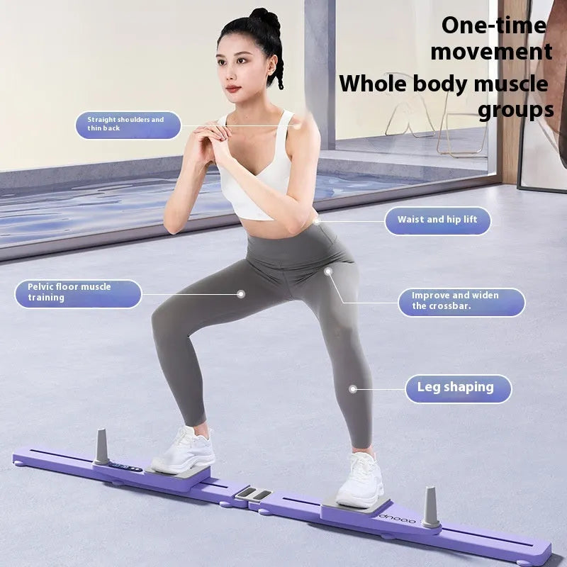 Purple and pink split multifunctional skiing machine trainer on a floor.