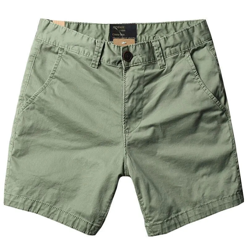 Men's loose cotton shorts in straight-leg cut with zipper fly, shown in camouflage pattern option