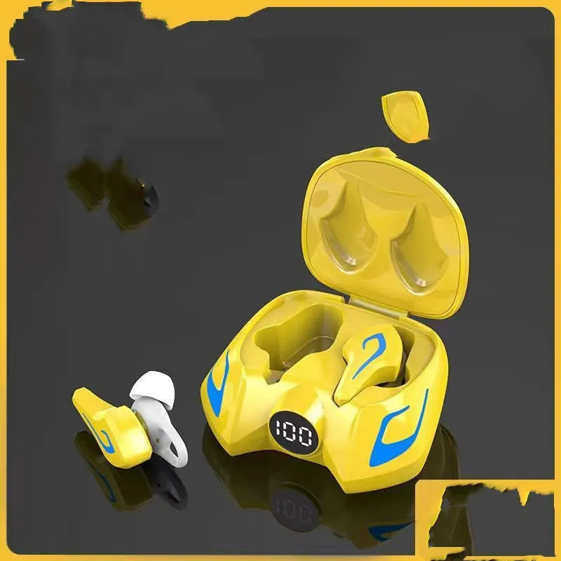 Black, grey, and yellow wireless in-ear Bluetooth gaming headsets with earplug-style design.