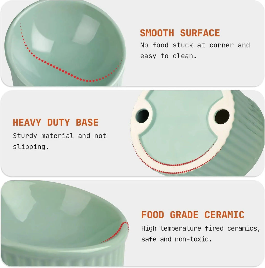 Elevated ceramic cat bowl in light green colour, showing tilted round design for whisker comfort.