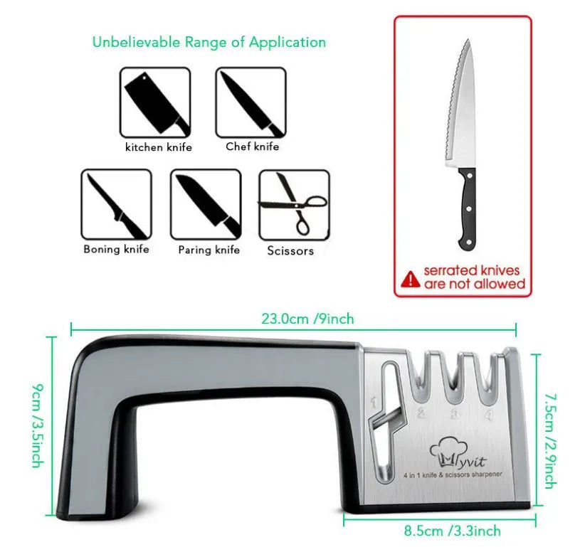 4-in-1 kitchen knife sharpener in black plastic with multiple sharpening slots.