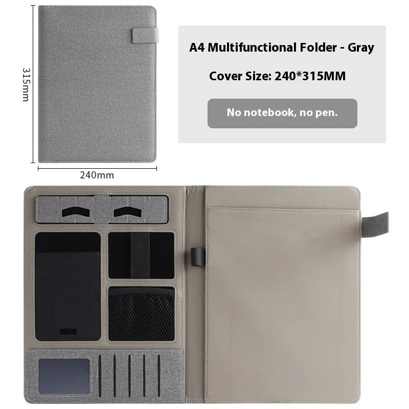 Black leather A4 multifunction folder for documents with optional pen and notepad.