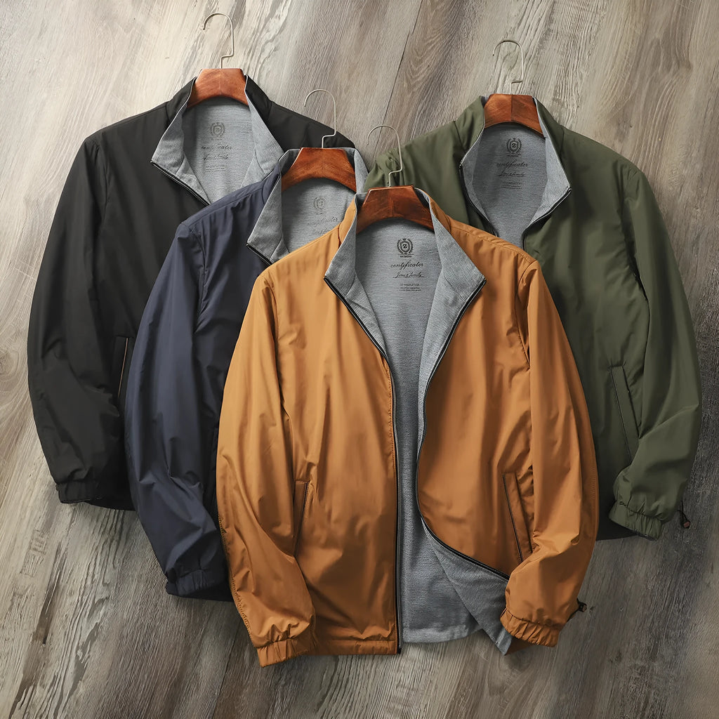 Men's simple stand collar casual jacket in a polyester blend fabric, shown in one of four available colours.