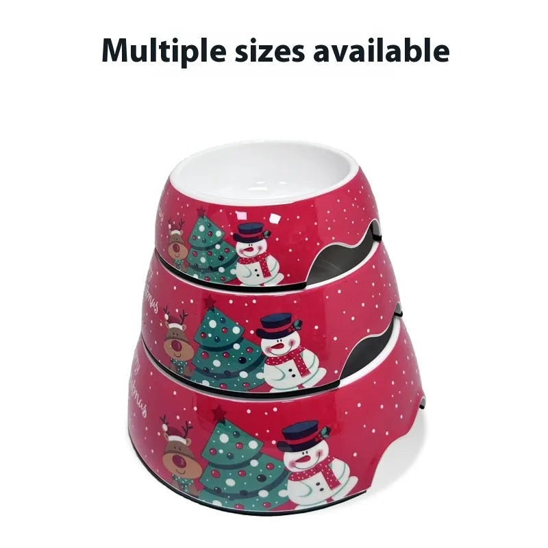 Red Christmas-themed double layer pet bowl with stainless steel interior and melamine exterior