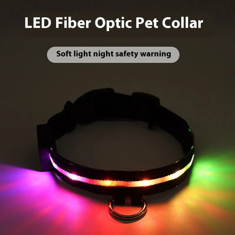 Black LED luminous dog collar with cartoon design and attached hand rope for nighttime walking safety