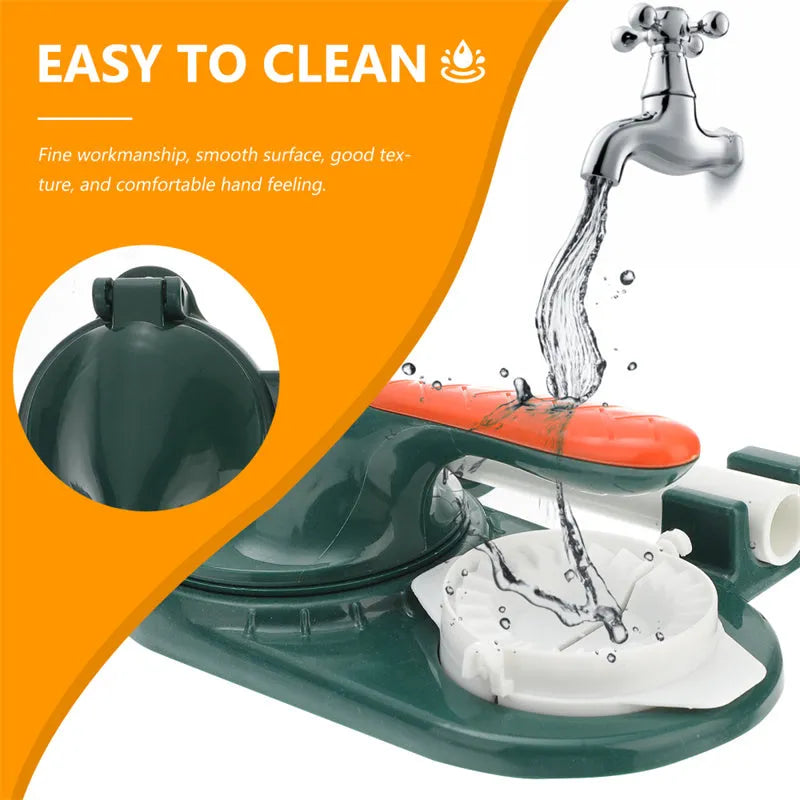 3 In 1 plastic dumpling maker with rolling pin and moulds, green colour, on kitchen countertop