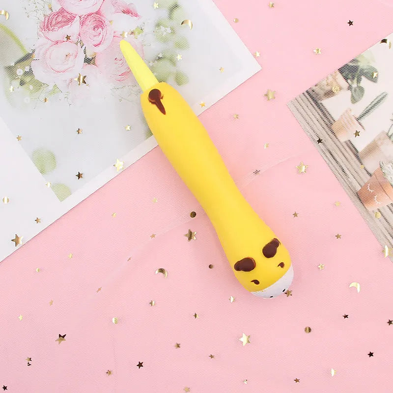 Apple-compatible vent pen with 0.5mm gel tip showing cartoon design options including dinosaur and kitten patterns