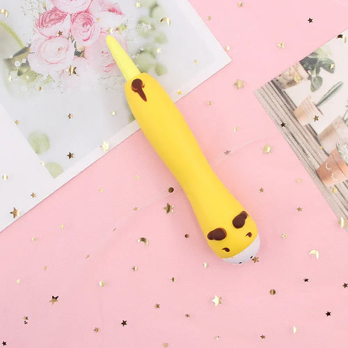 Apple-compatible vent pen with 0.5mm gel tip showing cartoon design options including dinosaur and kitten patterns