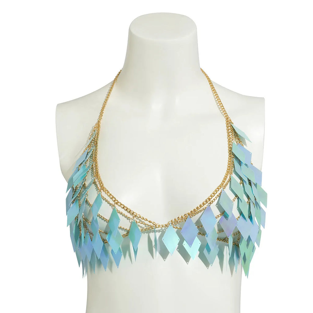 Women's geometric plastic body chain set in orange with electroplated finish on a white background